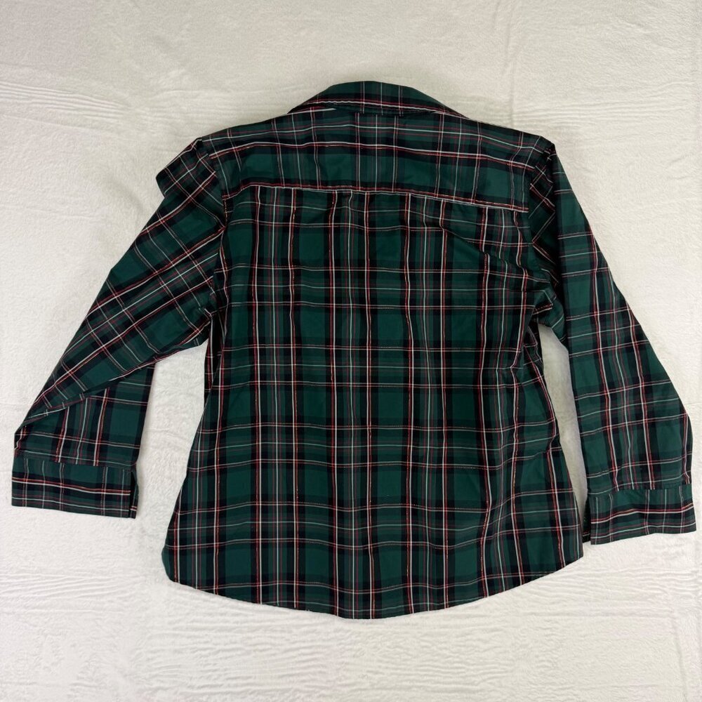 Foxcroft plaid shirt women's size 16 green decorative buttons 3/4 sleeves - Picture 2 of 12